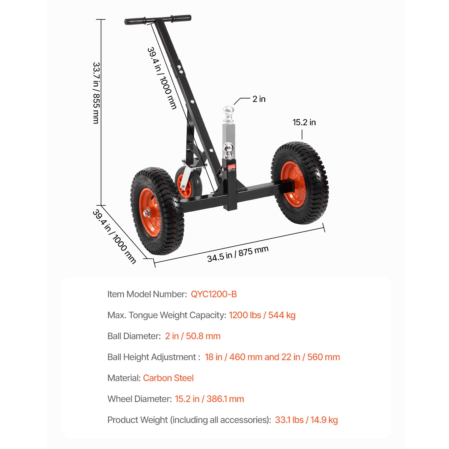 Trailer Dolly With Adjustable Height And 2 Inch Ball Towing Hitch_voghion.com